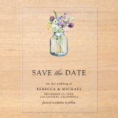 Wildblume Mason Jar Wedding Save the Date Acryleinladungen (Vorderseite)