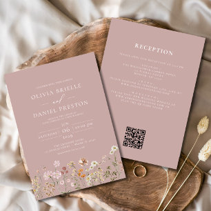 Wildblume Mauve Pink All in One QR Code Hochzeit Einladung