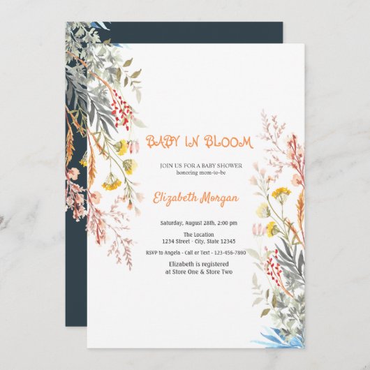 Wildblume Meadow Baby in blutgetränkter Babydusche Einladung (Vorne/Hinten)