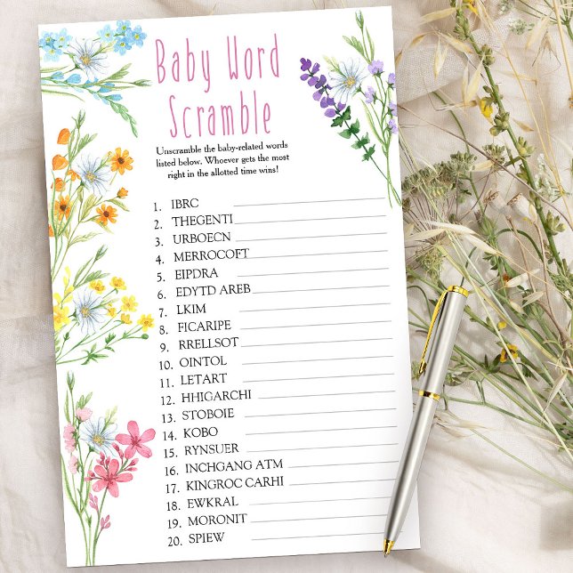 Wildblume Meadow Baby Word Scramble Showspiel (Baby Shower Game - Baby Word Scramble - from my Wildflower Meadow collection)