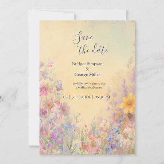 Wildblume Meadow Barn Hochzeit sicher das Datum Einladung (Vorderseite)