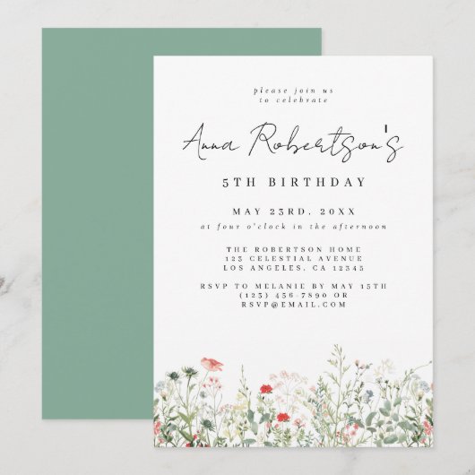 Wildblume Meadow Birthday Einladung (Vorne/Hinten)