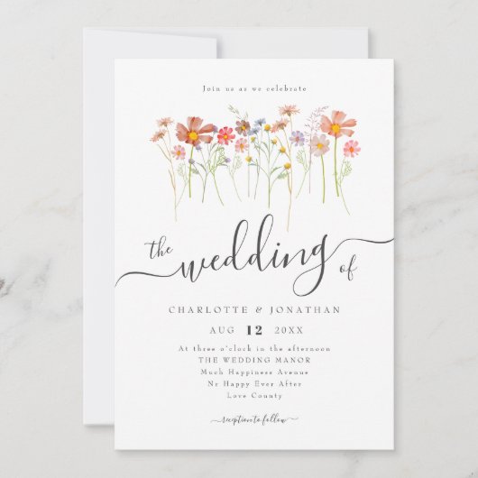 Wildblume Meadow Boho Whimsical Script-Foto Einladung (Vorderseite)