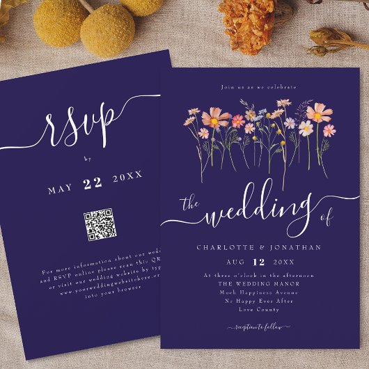 Wildblume Meadow Floral Navy Blue & White QR-Code Einladung