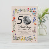 Wildblume Meadow Foto 50. Geburtstag Champagner Einladung (Stehend Vorderseite)