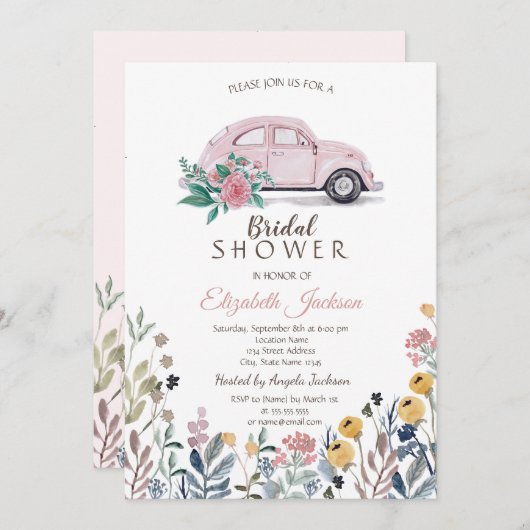 Wildblume Meadow Pink Car Brautparty Einladung (Vorne/Hinten)