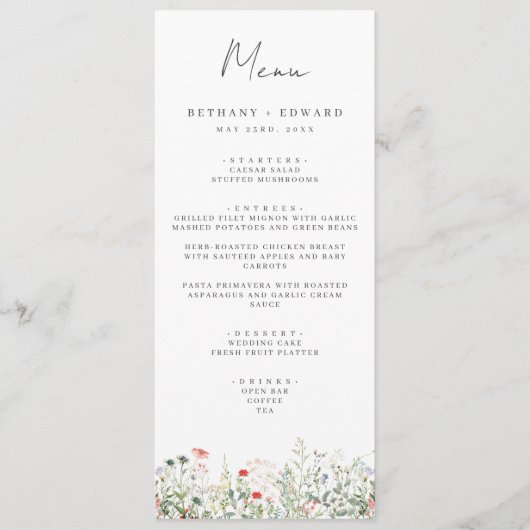 Wildblume Meadow Wedding Menü Menükarte (Vorderseite)