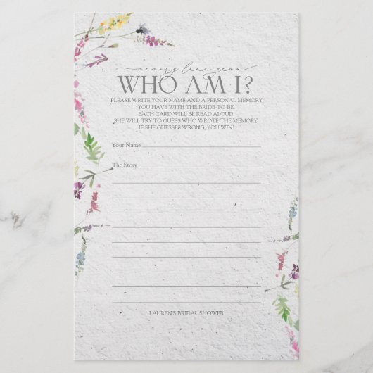 Wildblume Memory Lane Brautparty Game (Vorderseite)