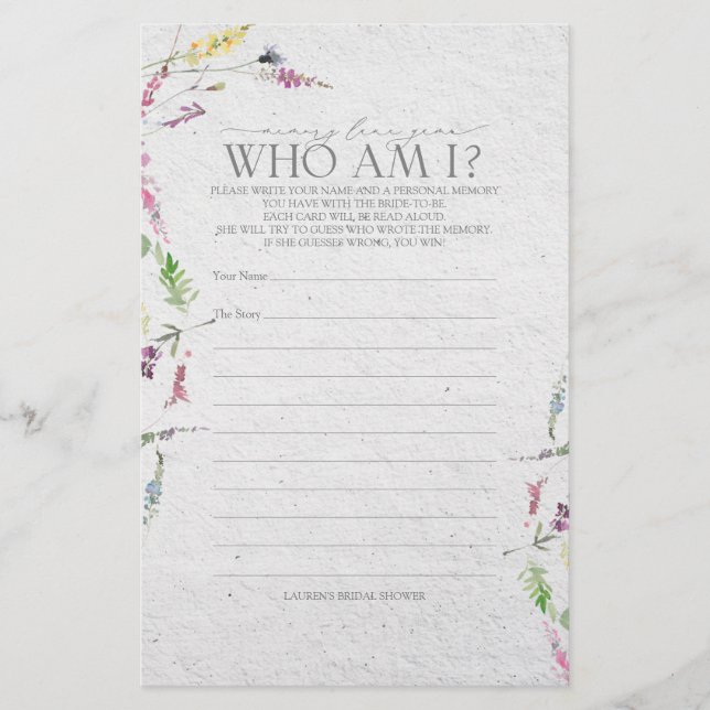 Wildblume Memory Lane Brautparty Game (Vorderseite)