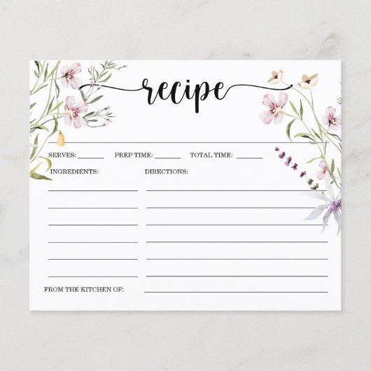 Wildblume Minimale Brautparty Rezept Karte (Vorderseite)
