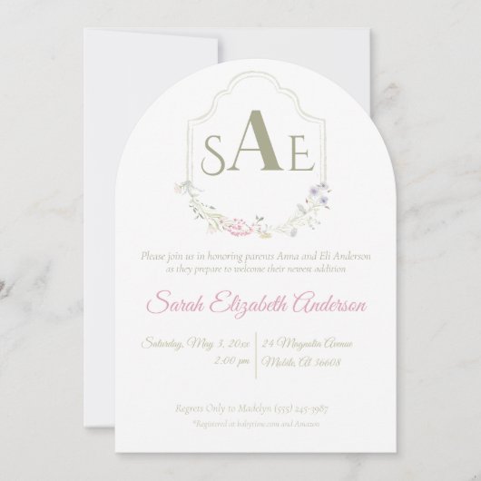 Wildblume Monogram Wappen Babydusche Einladung (Vorderseite)