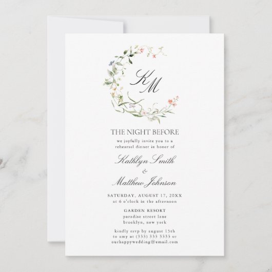Wildblume Monogram Wreath Modern The Night Before Einladung (Vorderseite)