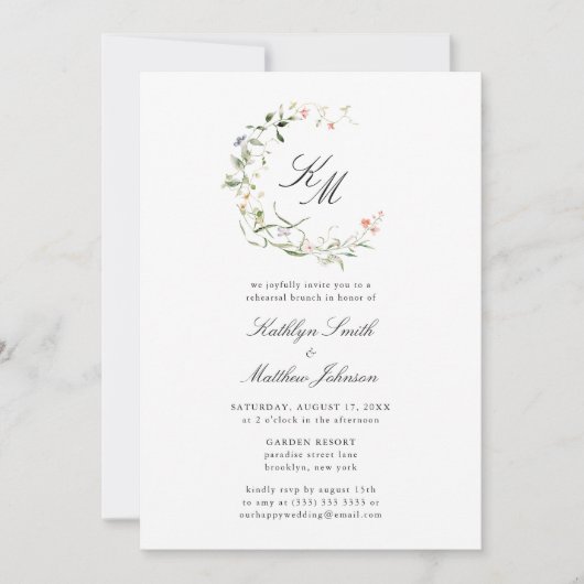 Wildblume Monogram Wreath Moderne Probe Brunch Einladung (Vorderseite)