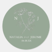 Wildblume monogramm grüner Name und Hochzeitstermi Runder Aufkleber (Vorderseite)