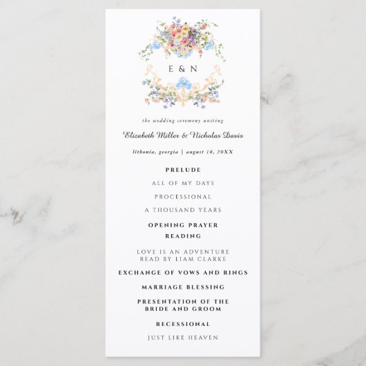 Wildblume Monogramm | Verziertes Boho-Hochzeitspro Programm (Vorderseite)