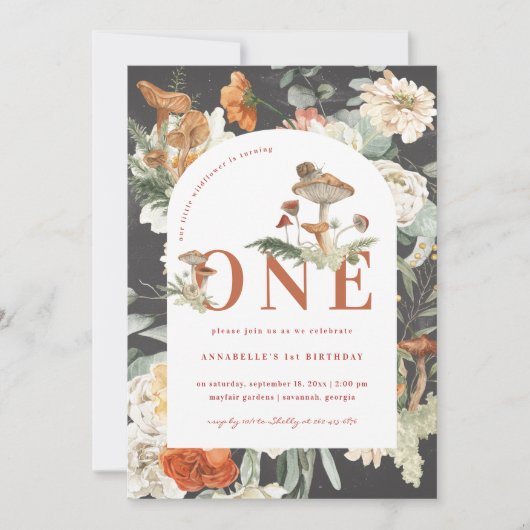 Wildblume Mushroom | Boho 1. Geburtstag Einladung (Vorderseite)