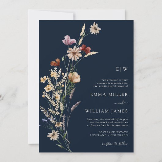 Wildblume Navy Blue Wedding Einladung (Vorderseite)