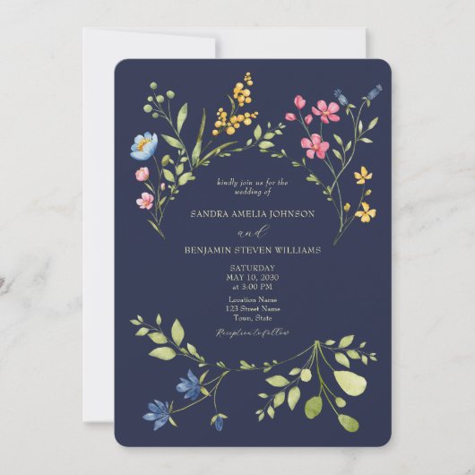 Wildblume Navy Blue Wedding Einladung (Vorderseite)
