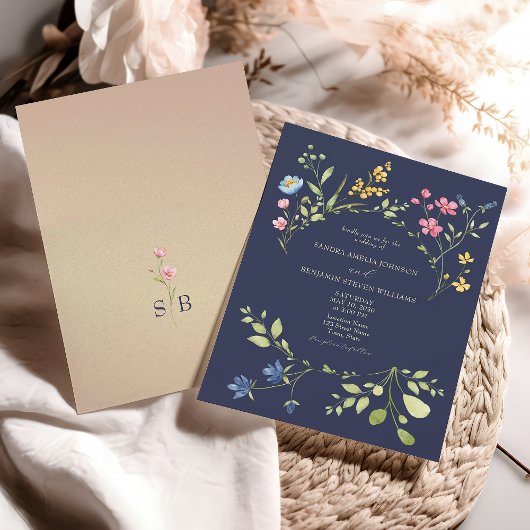 Wildblume Navy Blue Wedding Einladung
