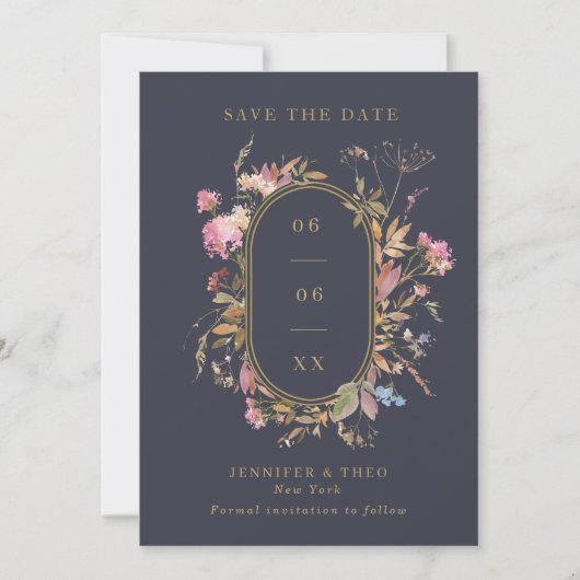 Wildblume Navy & Gold Frame Wedding Foto Save The Date (Vorderseite)