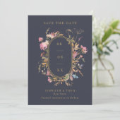 Wildblume Navy & Gold Frame Wedding Foto Save The Date (Stehend Vorderseite)