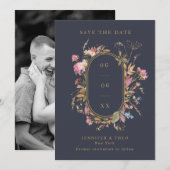 Wildblume Navy & Gold Frame Wedding Foto Save The Date (Vorne/Hinten)