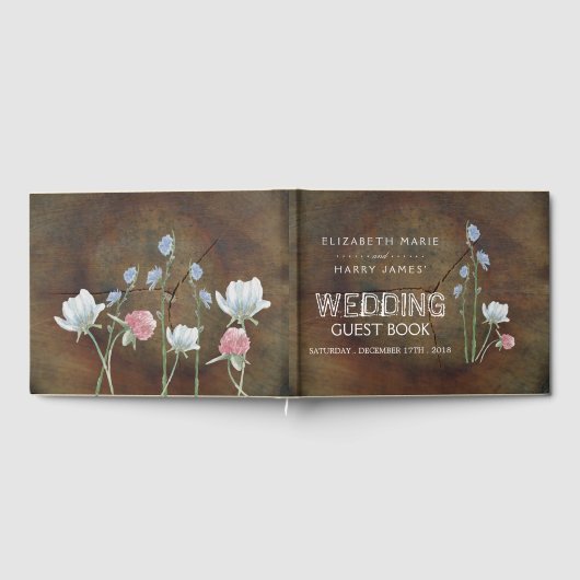 Wildblume Oak Wood Wedding Gästebuch (Voll)