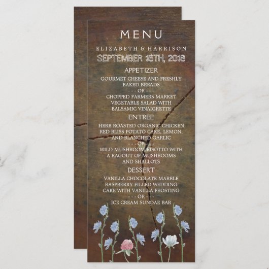 Wildblume Oak Wood Wedding Menü Menükarte (Vorne/Hinten)