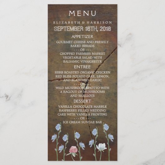 Wildblume Oak Wood Wedding Menü Menükarte (Vorderseite)