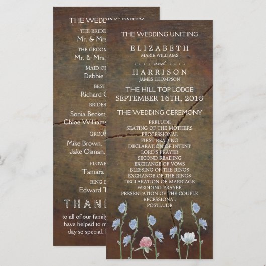 Wildblume Oak Wood Wedding Programm (Vorne/Hinten)