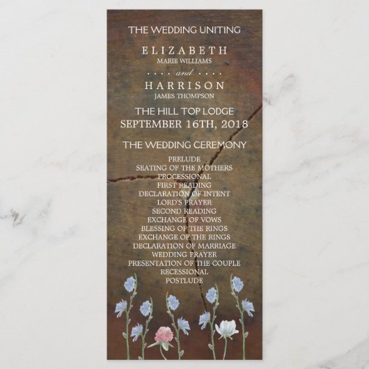 Wildblume Oak Wood Wedding Programm (Vorderseite)