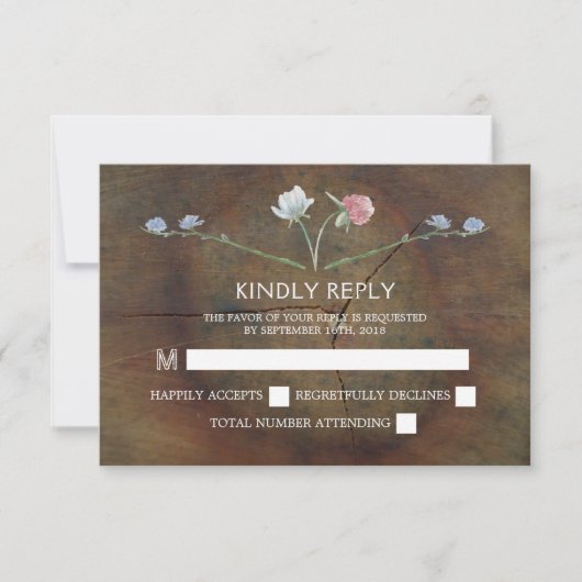 Wildblume Oak Wood Wedding RSVP Karte (Vorderseite)