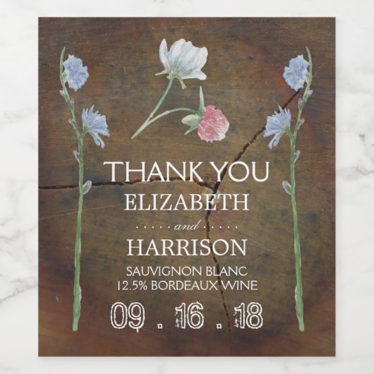 Wildblume Oak Wood Wedding Weinetikett (Einzelnes Label)