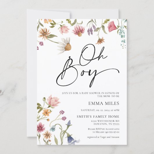 Wildblume Oh Boy Baby Dusche Einladung (Vorderseite)