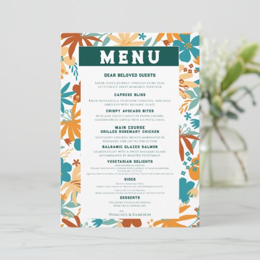 Wildblume Orange Ranunculus Daisy Aquamarin Hochze Menükarte (Stehend Vorderseite)