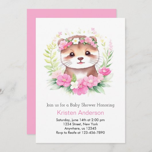 Wildblume Otter Adventure erwartet Girl Baby Showe Einladung (Vorne/Hinten)