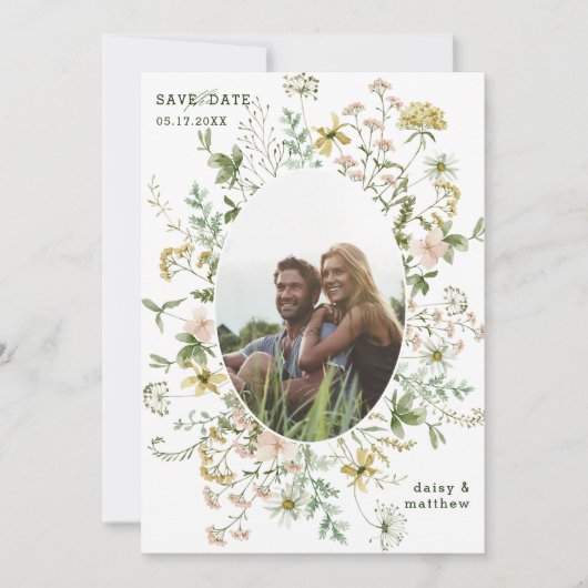 Wildblume Oval Frame 2 Foto Hochzeitsstichtcode QR Save The Date (Vorderseite)