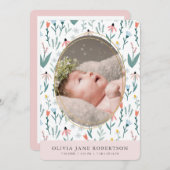 Wildblume Pattern Girl Foto Geburtsankündigung Einladung (Vorne/Hinten)