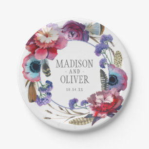 Wildblume Peony Floral with Feathers Hochzeit Pappteller