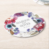 Wildblume Peony Floral with Feathers | Hochzeit Runder Pappuntersetzer (Angewinkelt)