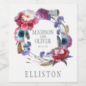 Wildblume Peony Floral with Feathers | Hochzeit Weinetikett (Einzelnes Label)