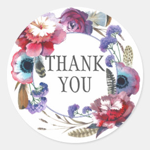 Wildblume Peony Floral with Feathers Vielen Dank Runder Aufkleber