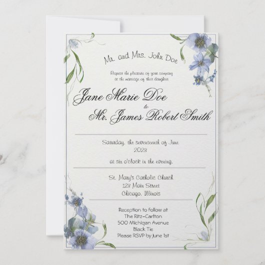 Wildblume Periwinkle Wedding Einladung (Vorderseite)