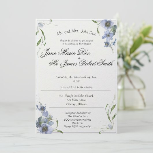 Wildblume Periwinkle Wedding Einladung (Stehend Vorderseite)