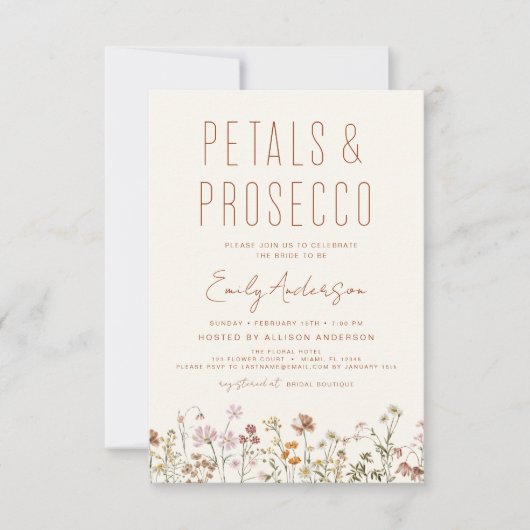 Wildblume Petals & Prosecco Brautparty Einladung (Vorderseite)