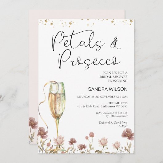 Wildblume Petals und Prosecco-Brautparty Einladung (Vorne/Hinten)