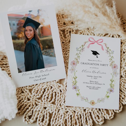 Wildblume Pink Bow Abschluss Foto Party Einladung