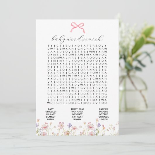 Wildblume Pink Bow Baby Word Search Game Card Einladung (Stehend Vorderseite)