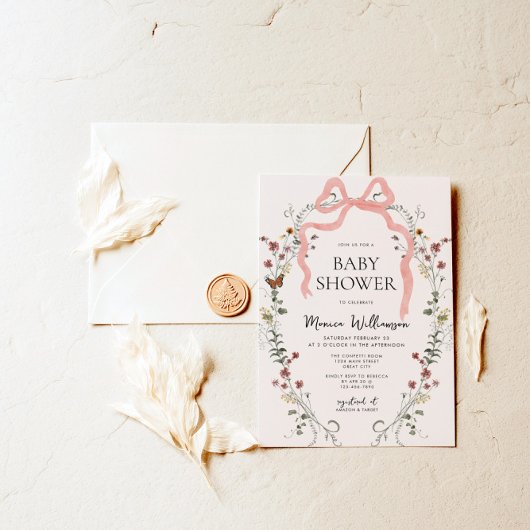 Wildblume Pink Bow Girl Babydusche Einladung