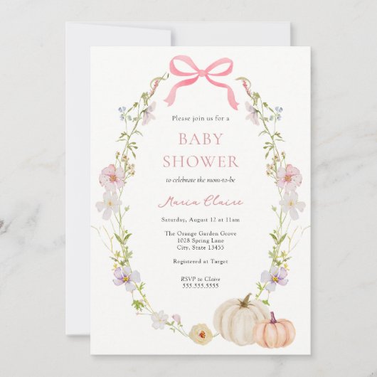 Wildblume Pink Bow Pumpkin Baby Dusche Einladung (Vorderseite)